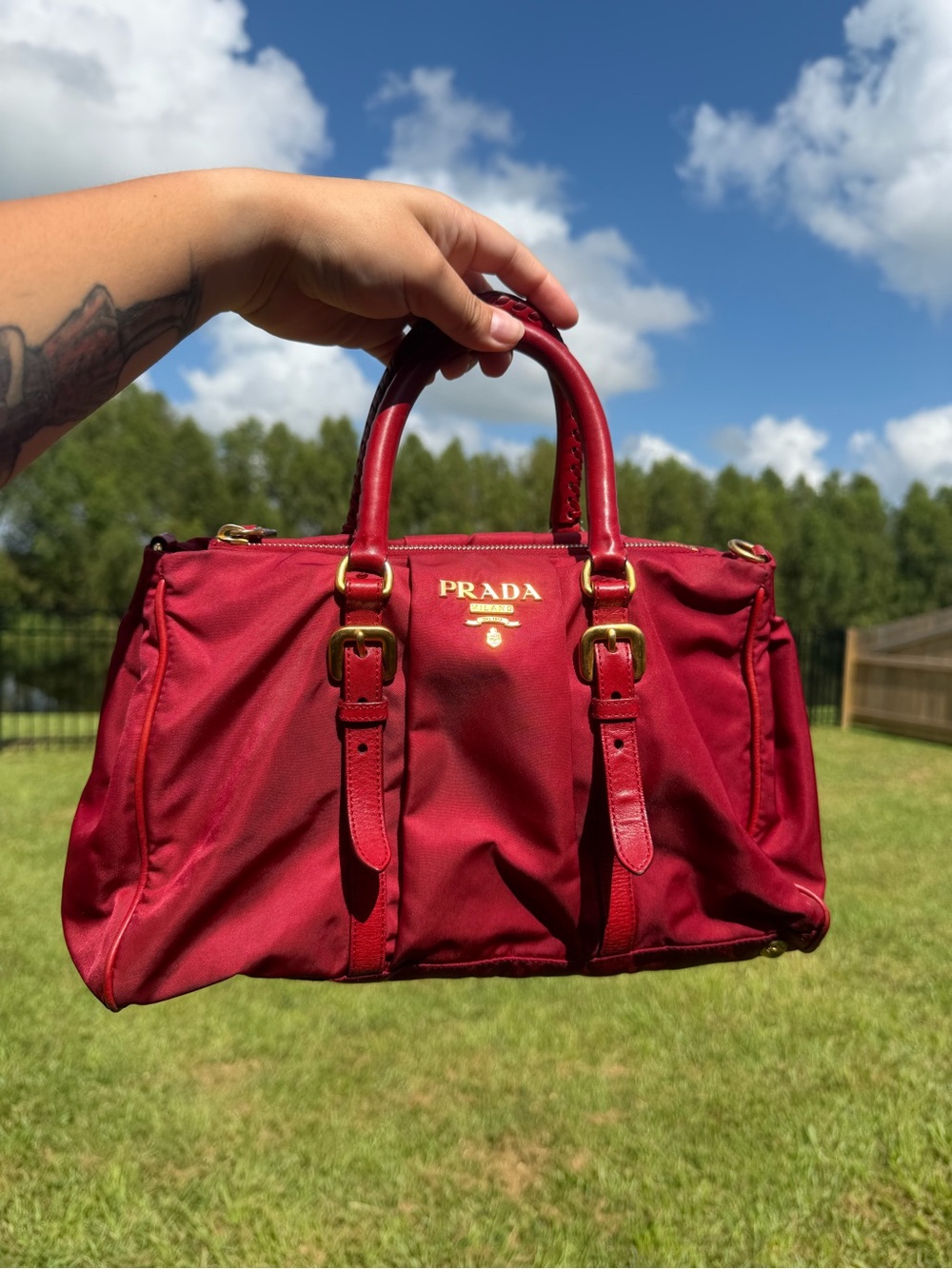 Authentic Prada Vintage Tessuto Nylon Buckle Satchel Bag - Red